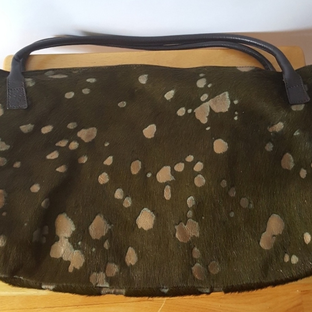 Maurizio Taiuti pony hair bag leather  gold green..large bag 22 Inches Long..